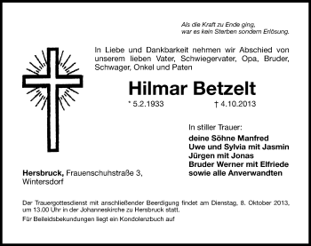 Traueranzeige von Hilmar Betzelt von Hersbrucker Zeitung
